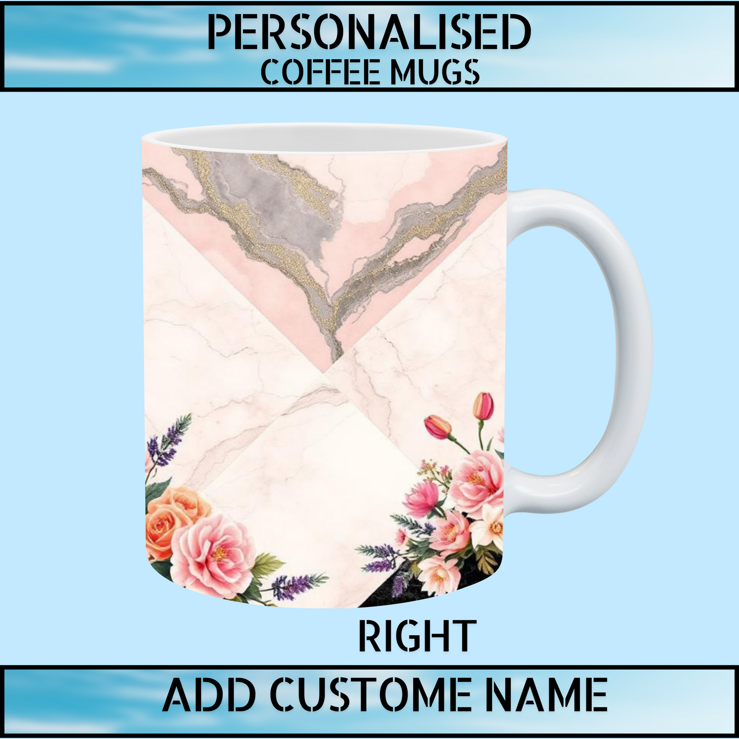 Pink Marble & Floral 11oz Personalised Coffee Mug
