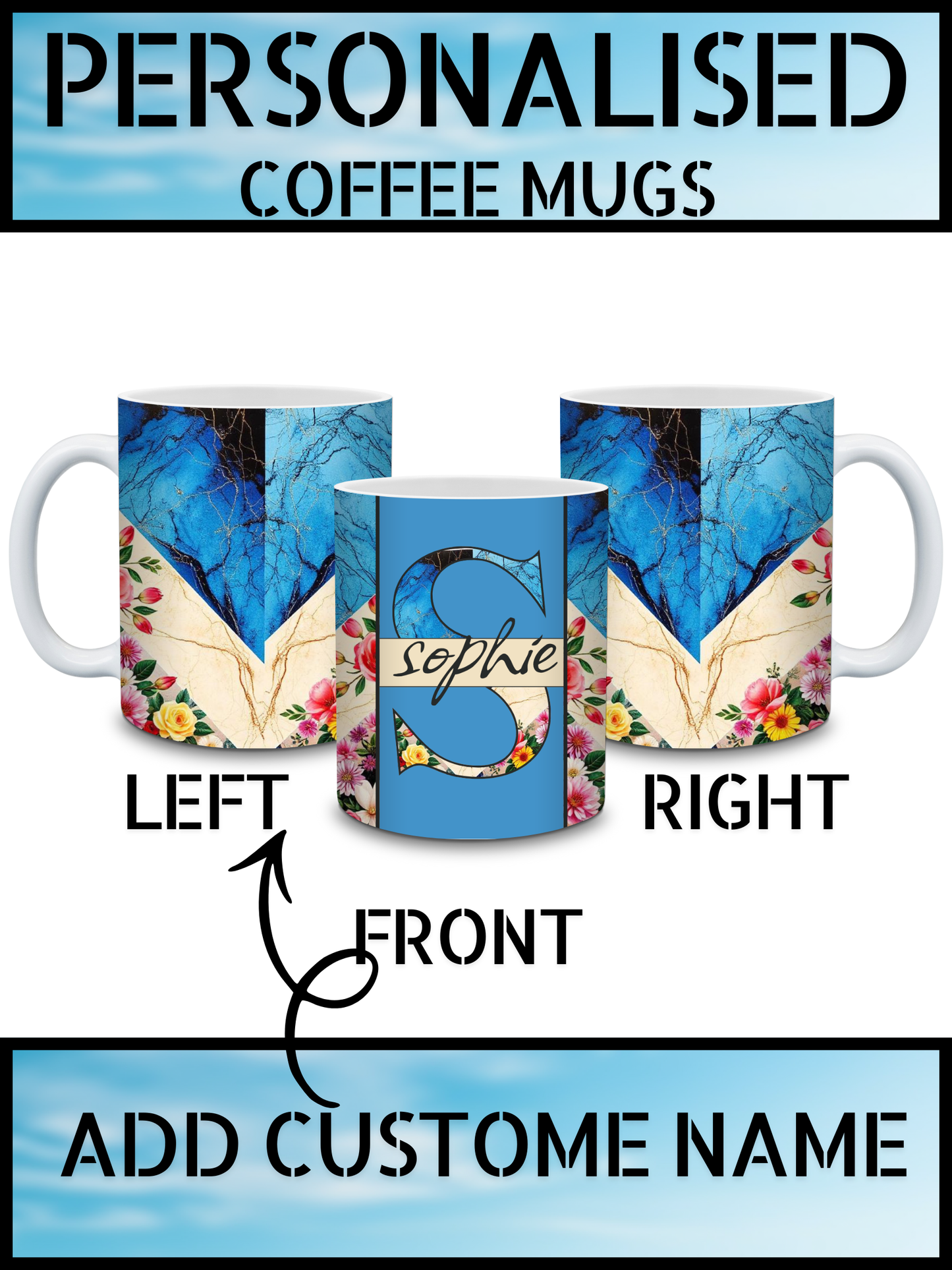 Blue & Cream Marble Floral 11oz Personalised Coffee Mug