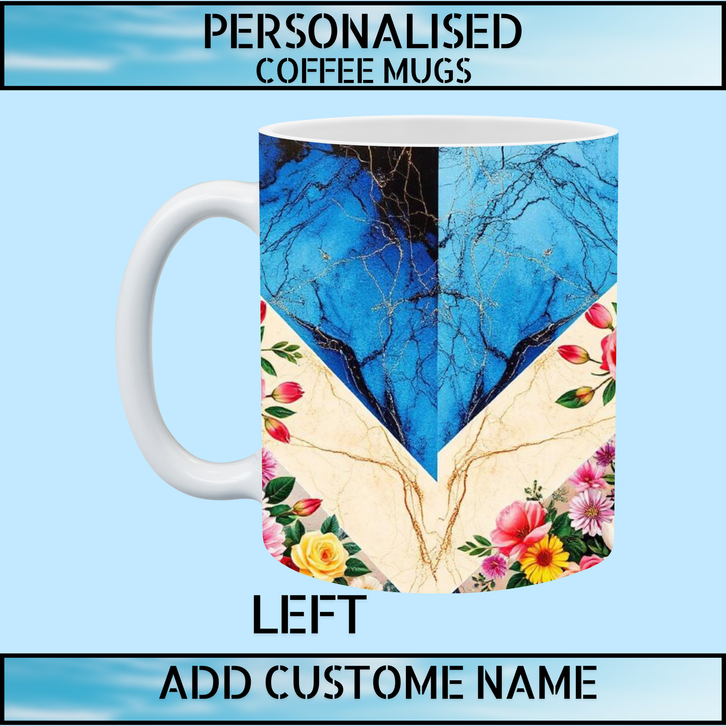 Blue & Cream Marble Floral 11oz Personalised Coffee Mug