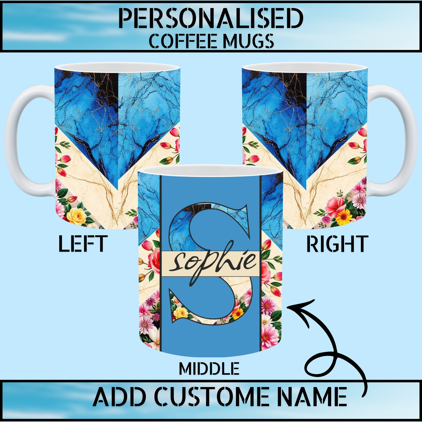 Blue & Cream Marble Floral 11oz Personalised Coffee Mug