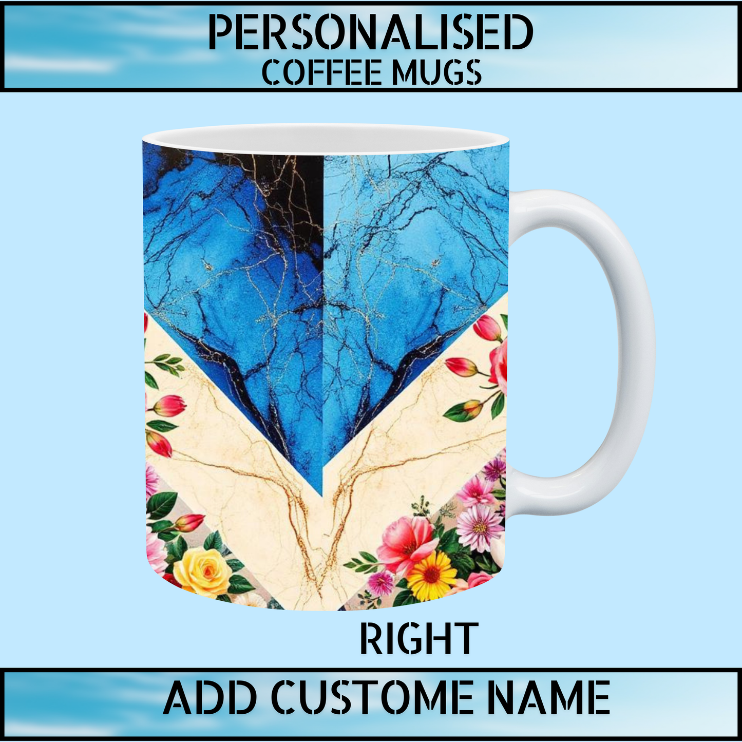 Blue & Cream Marble Floral 11oz Personalised Coffee Mug