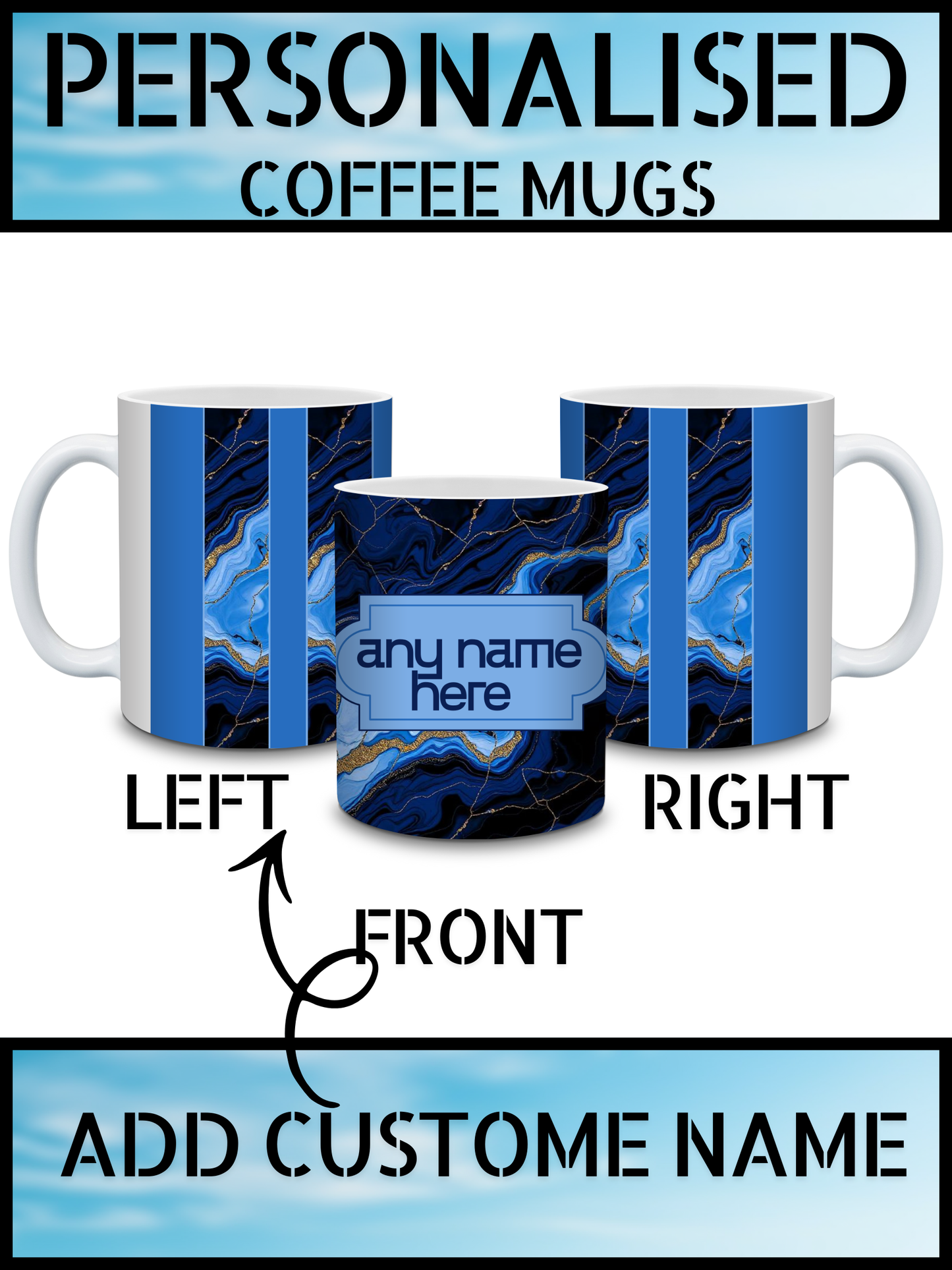 Premium Blue Marble Personalised Name Coffee Mug