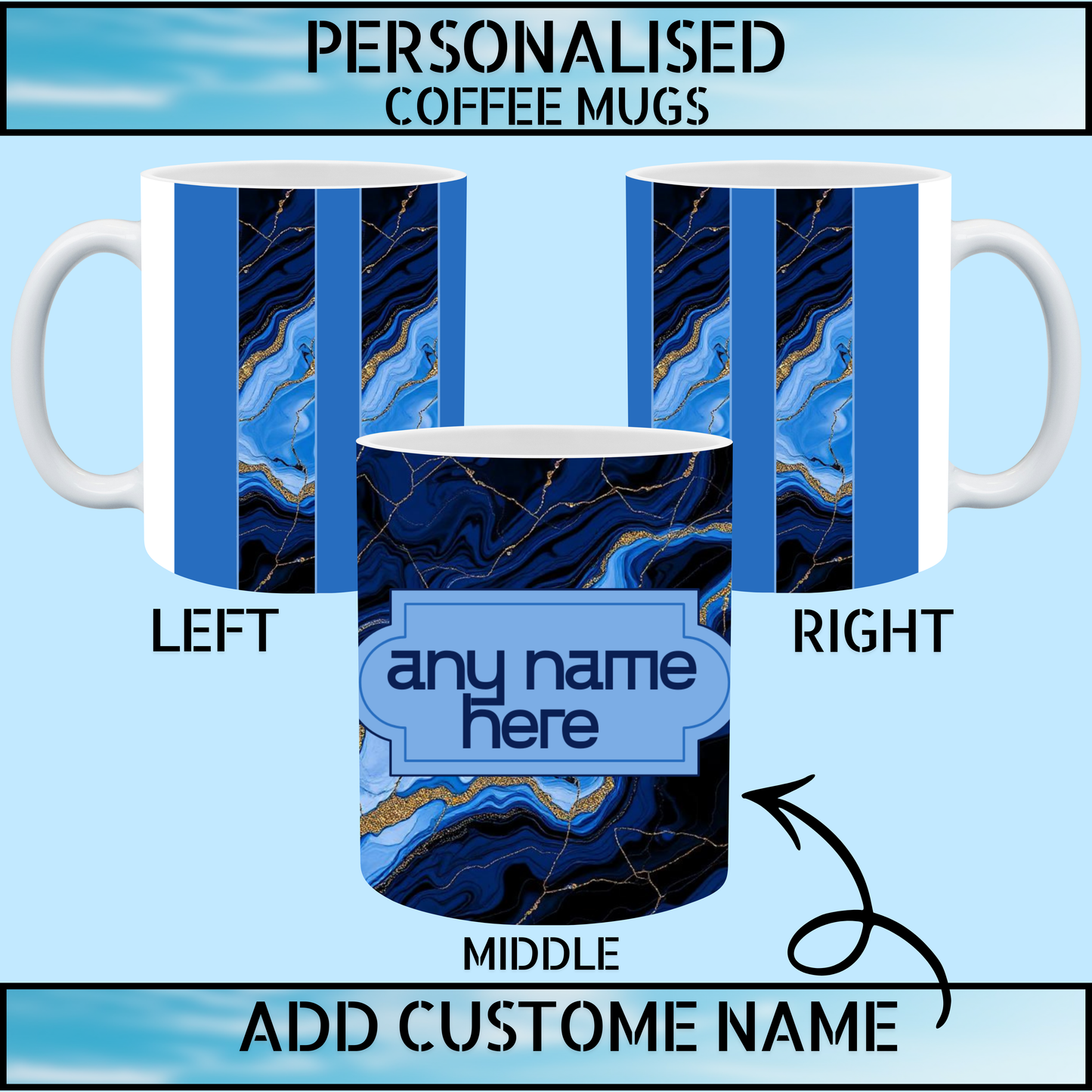 Premium Blue Marble Personalised Name Coffee Mug