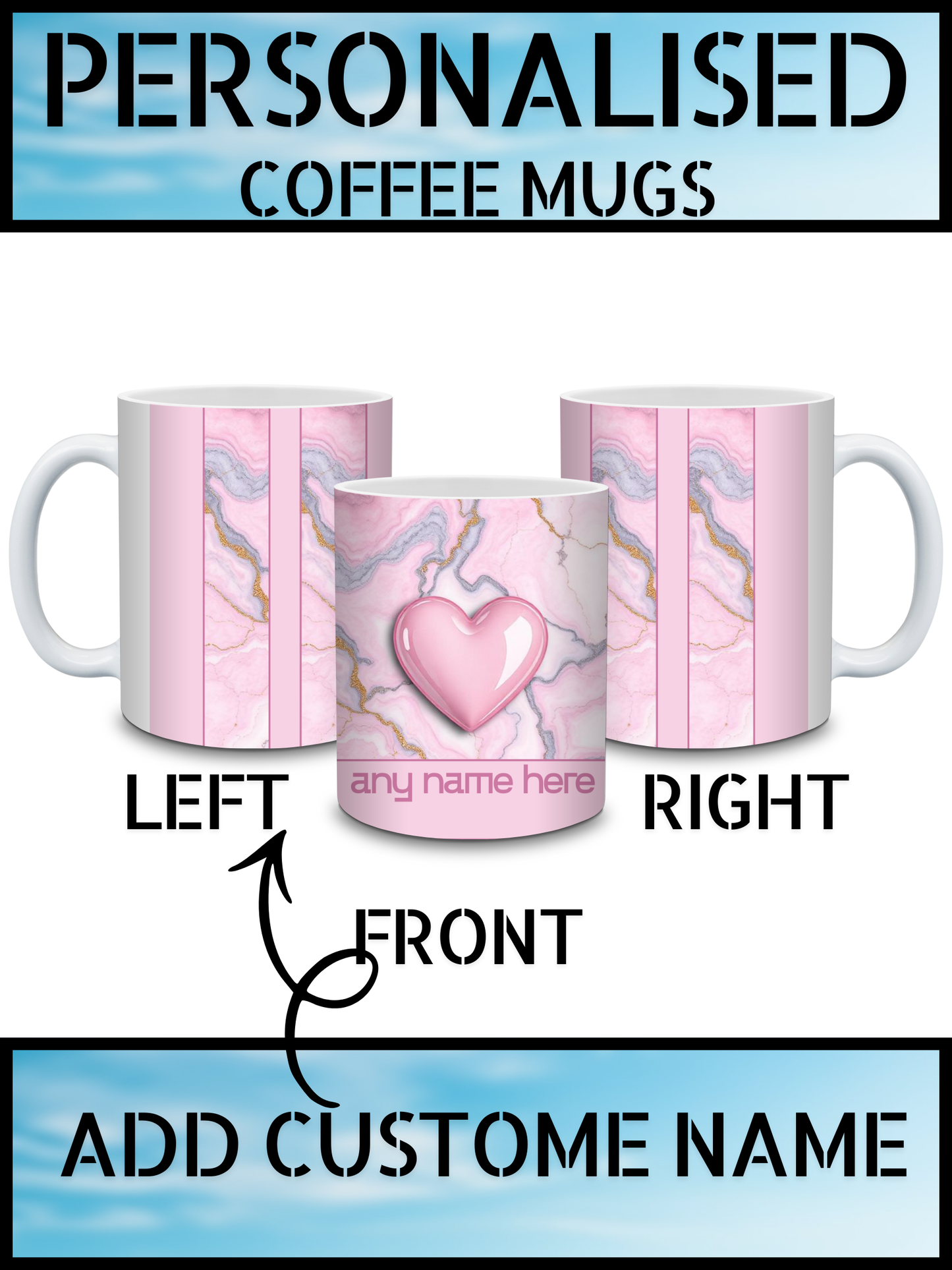 Pink Marble Heart Personalised Name Coffee Mug