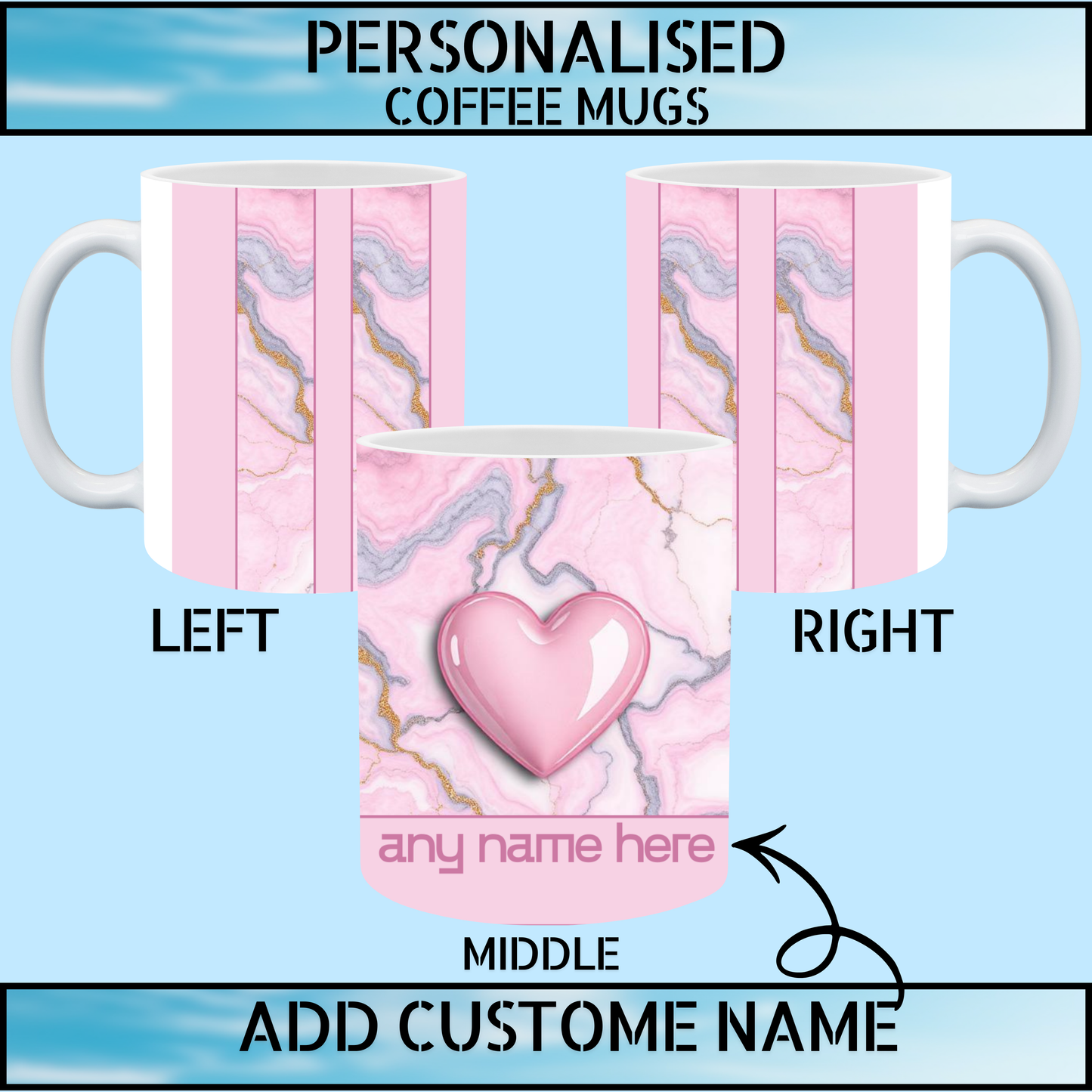 Pink Marble Heart Personalised Name Coffee Mug