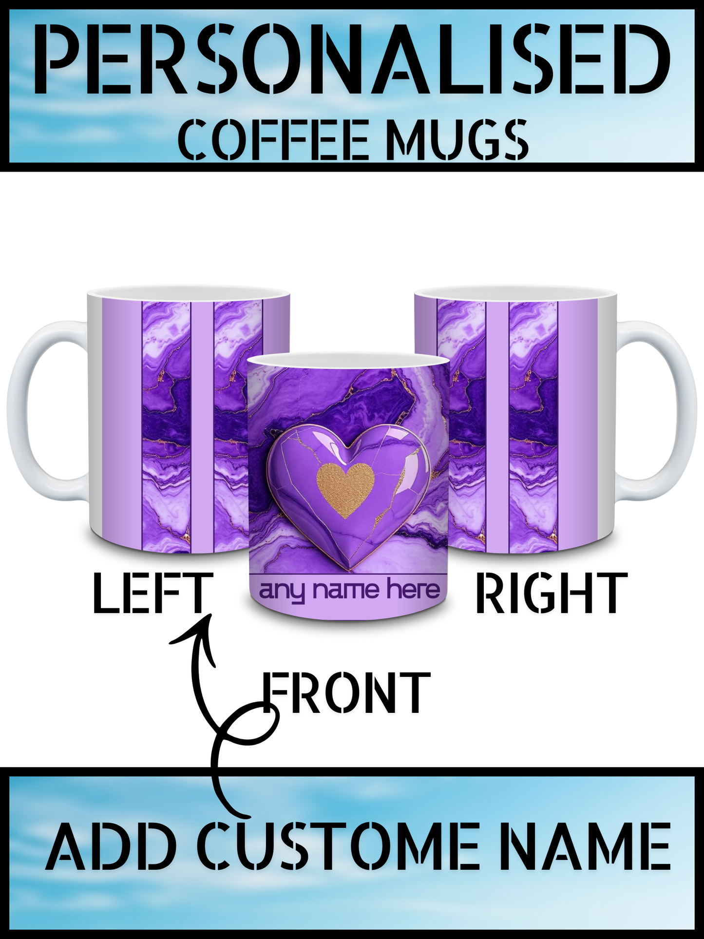 Purple Marble Heart Love Personalised Name Coffee Mug