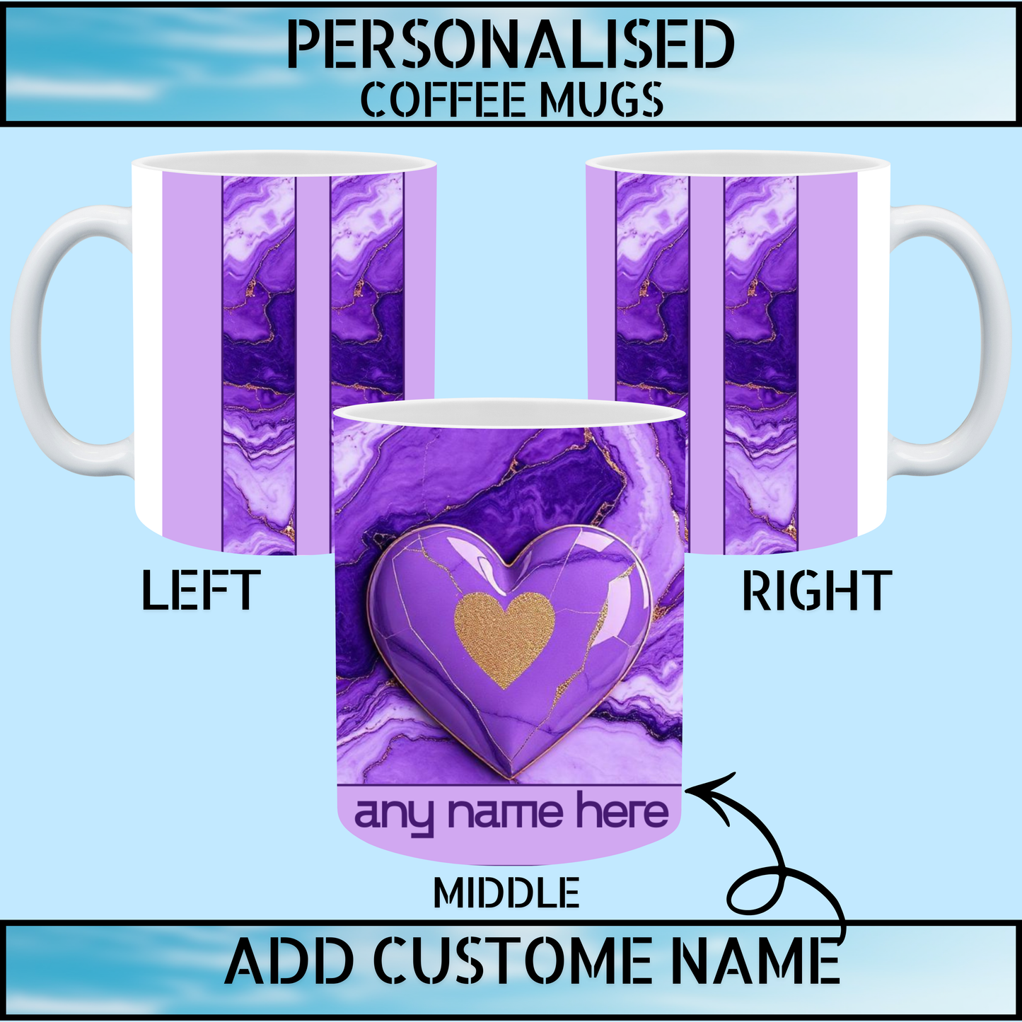 Purple Marble Heart Love Personalised Name Coffee Mug