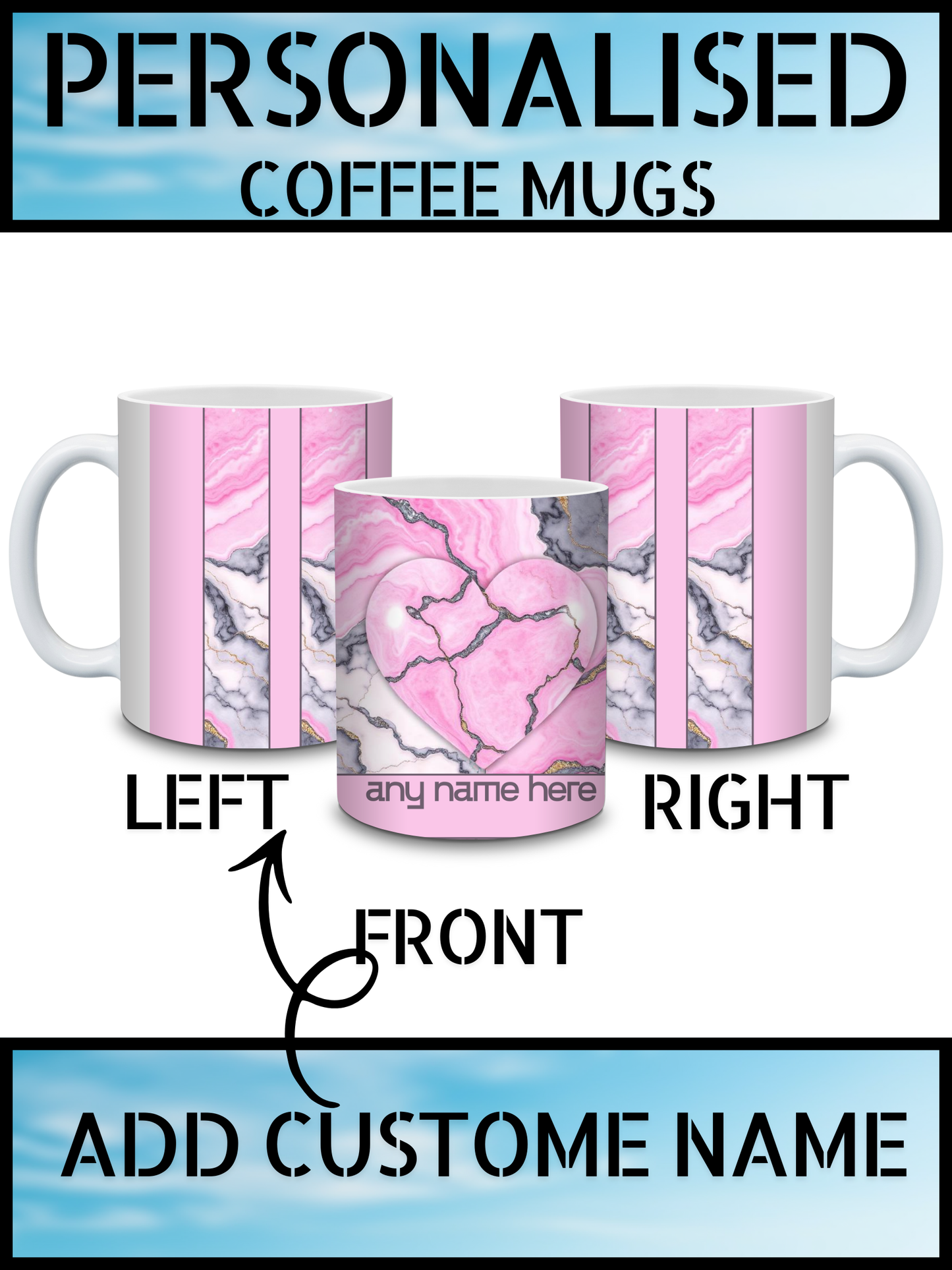 Pink Marble Heart Personalised Name Coffee Mug
