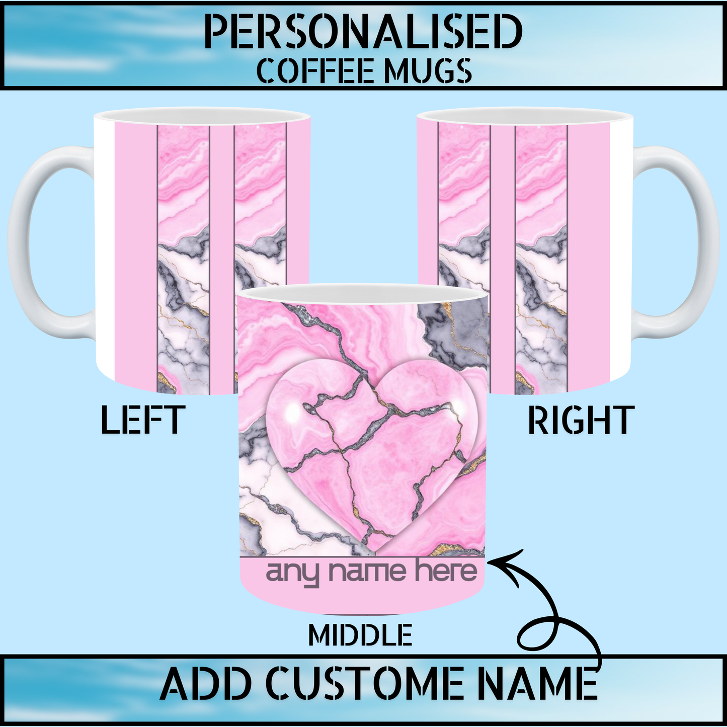 Pink Marble Heart Personalised Name Coffee Mug