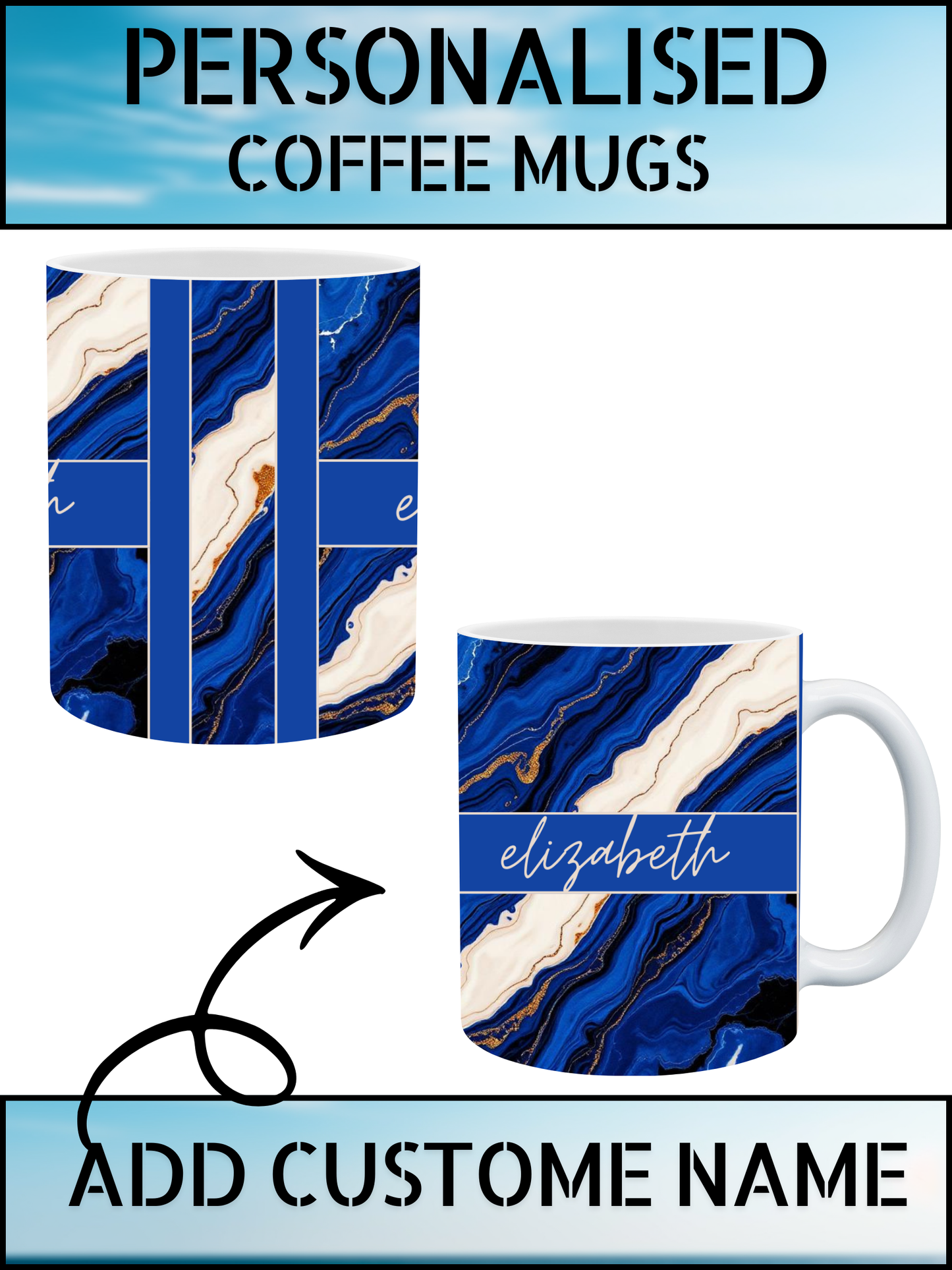 Personalised Royal Blue Marble Name Coffee Mug