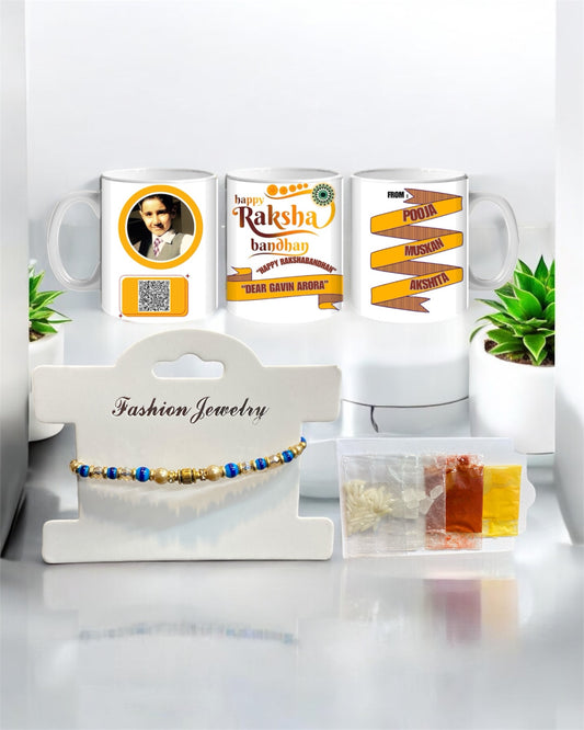 Handmade Personalised Rakhi Gift Hamper with Om Rakhi, Custom Brother Mug & Tilak Set