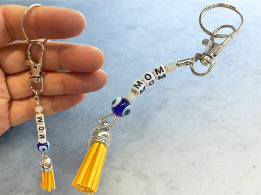 Handmade MOM Evil Eye Keyring – Wholesale UK Supplier | Made in UK by NKB LONDON UK LTD | Beaded Keychain with Tassel & Swivel Hook