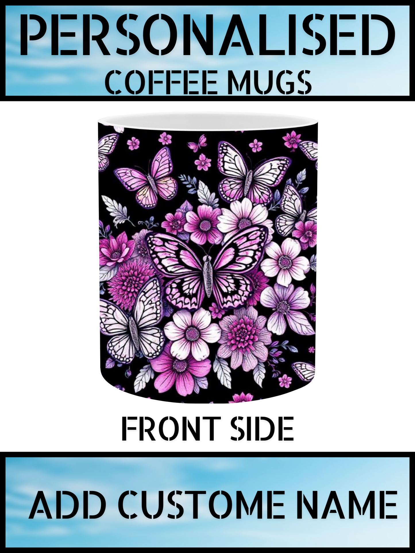 Personalised Coffee Mug – Black Floral & Butterfly