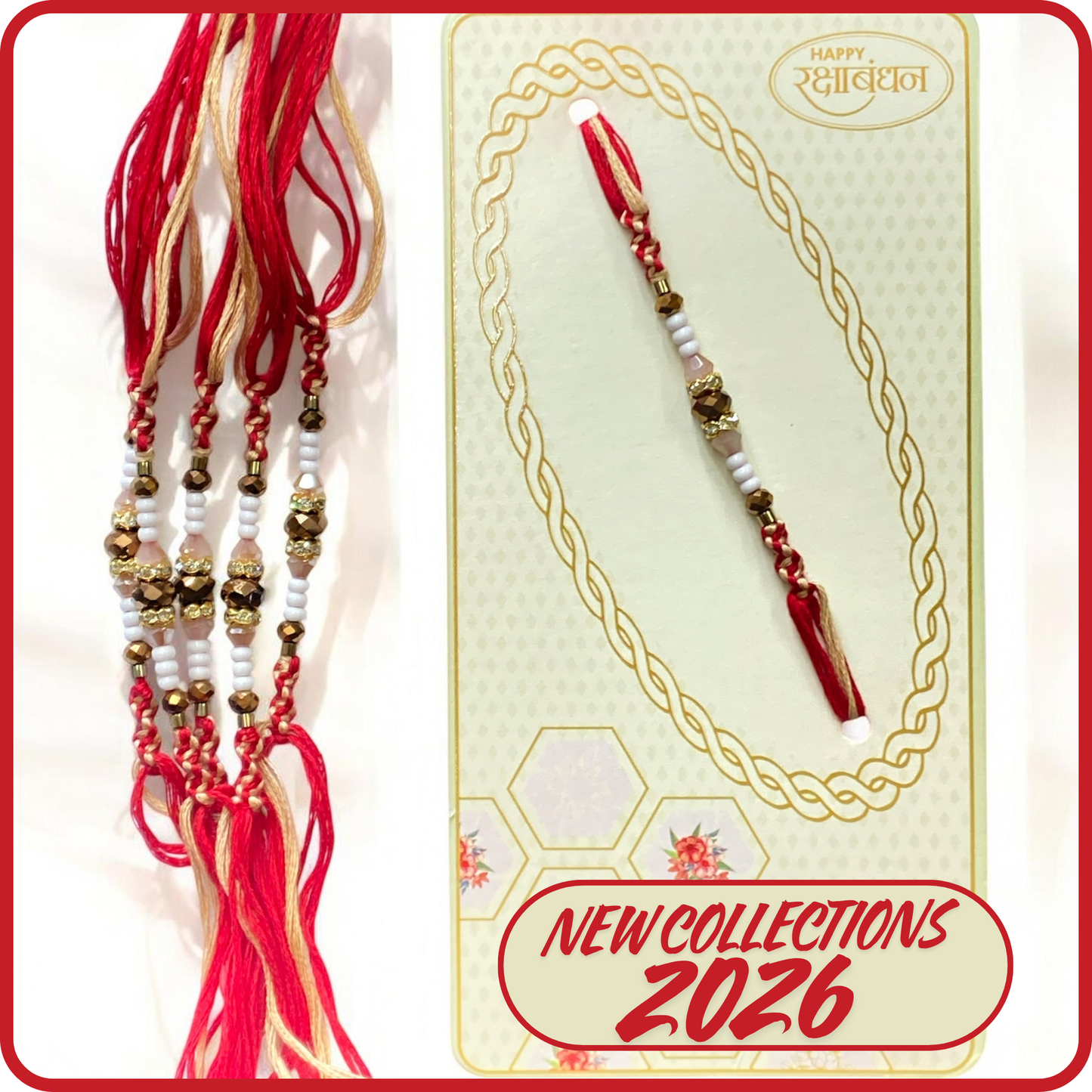 Fancy Beaded Rakhi Red Beige Thread [NK013]
