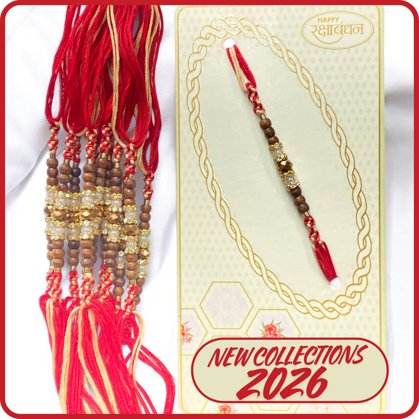 Designer Wooden Beaded Rakhi Red Beige [NK014]