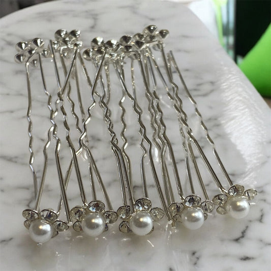 Pearl Hair Pins UK - Silver Rhinestone Wedding Hair Accessories (Set of 10)