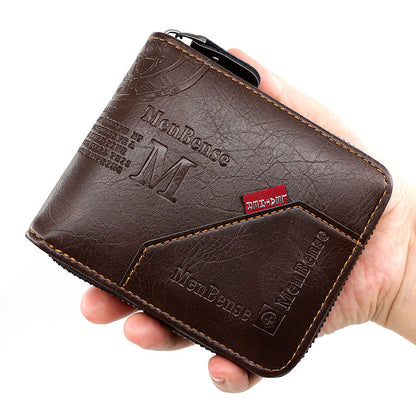 Men's Zipper Short Wallet Large Capacity Multiple Card Slots Tri-fold Chain Bag