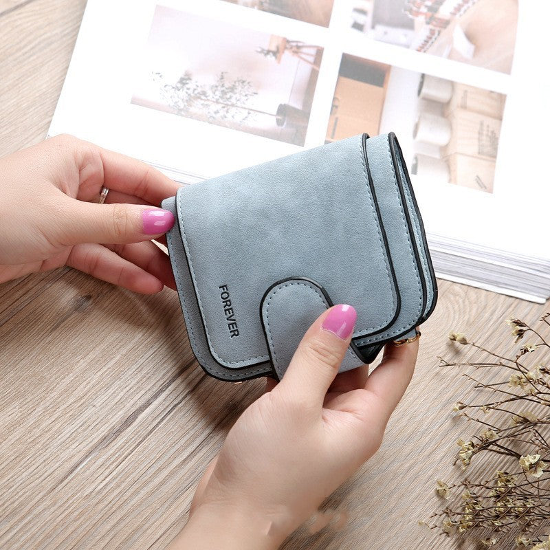 Simple Short Solid Color Three Fold Magnetic Buckle Wallet Multi Card Large Capacity Women's Purse