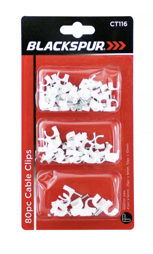 Black spur 80 Pack White CABLE CLIPS 3 Assorted Sizes 6mm-8mm-10mm Home Tool Home