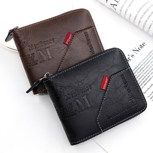Men's Zipper Short Wallet Large Capacity Multiple Card Slots Tri-fold Chain Bag