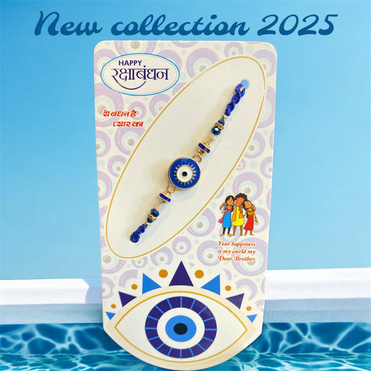 Evil Eye Rakhi for Brother Online UK – Handmade Raksha Bandhan Bracelet | Royal Blue Beige | Supplier NKB LONDON UK LTD – Style 501